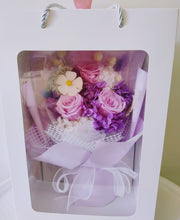Load image into Gallery viewer, Camilla - Everlasting Dried Arrangement with Purple Roses &amp; Hydrangea in Box Bag
