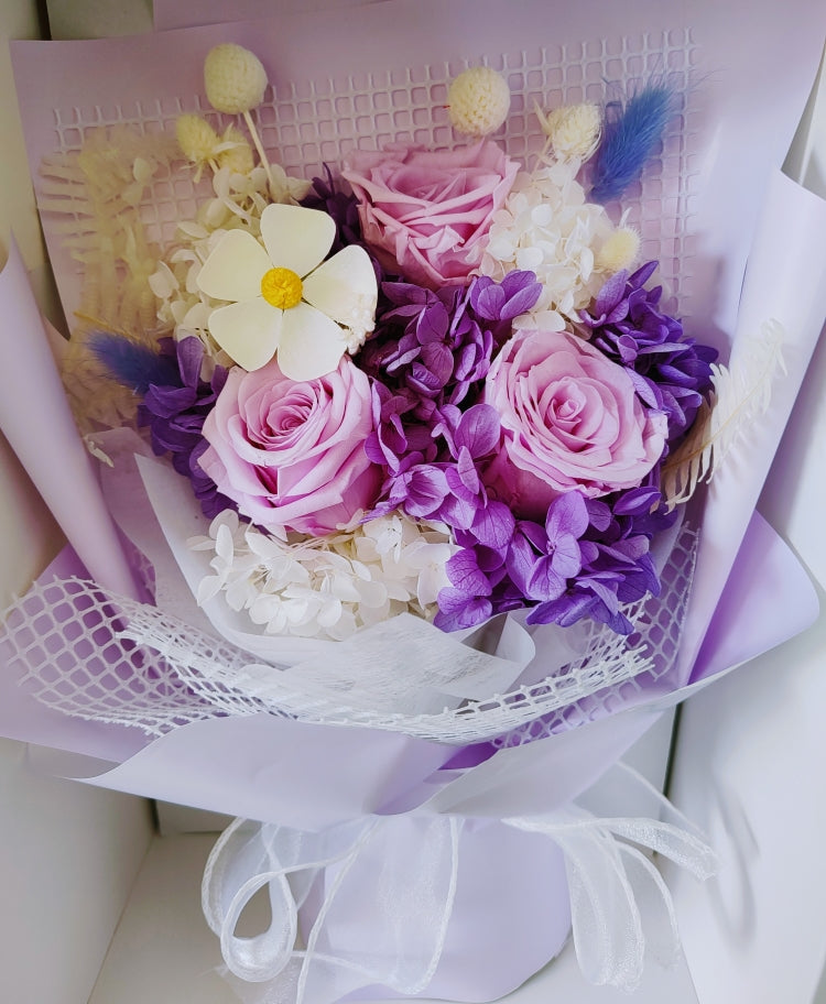Camilla - Everlasting Dried Arrangement with Purple Roses & Hydrangea in Box Bag