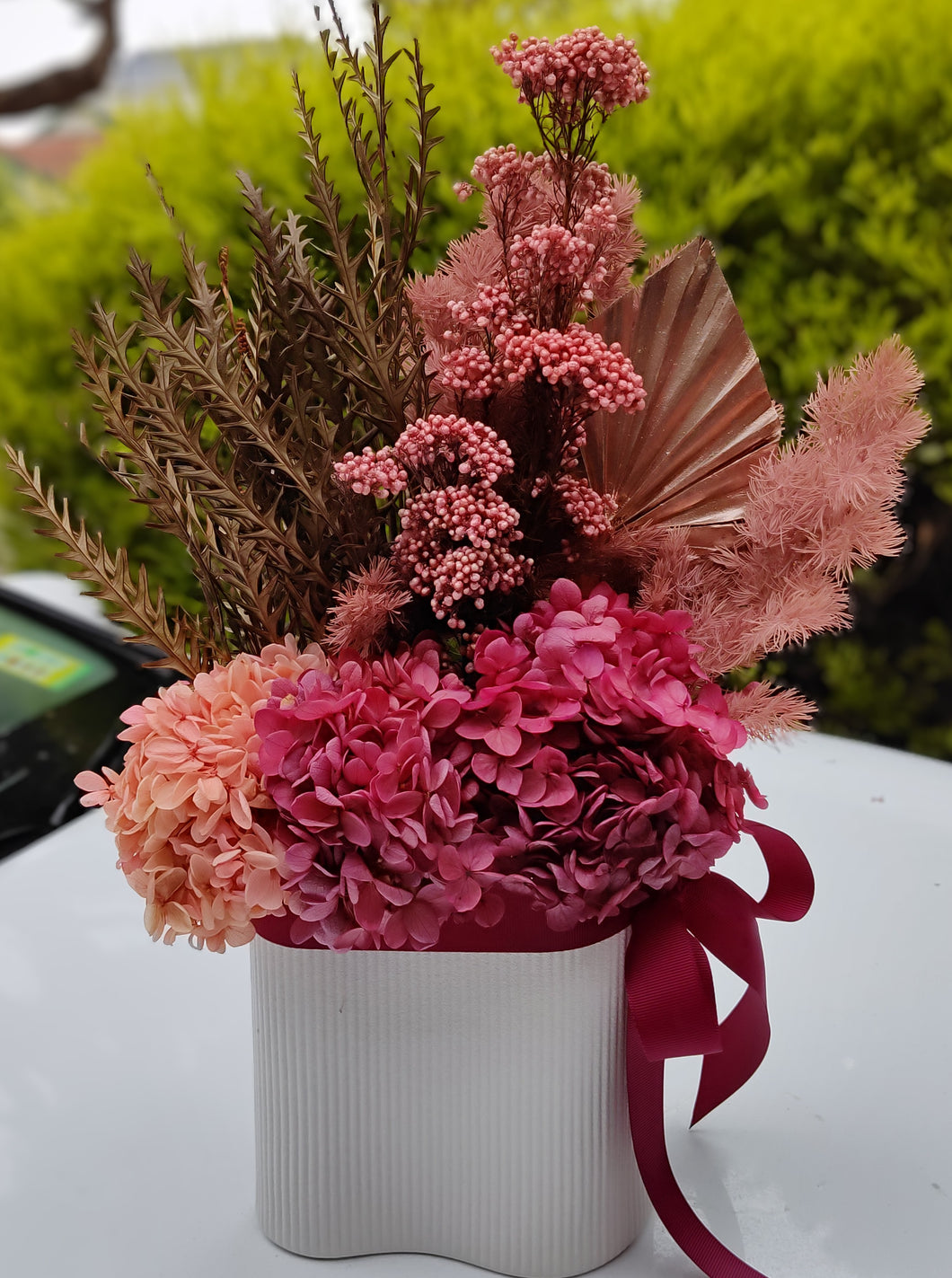 Valen Lunar - Modern Elegant Ochre Rustic Everlasting Dried Arrangement in White Vase