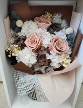 Load image into Gallery viewer, Camilla - Everlasting Dried Arrangement with Nude  Roses &amp; Hydrangea Neutral Tones in Box Bag
