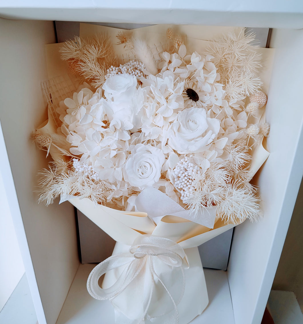 Vivian - Everlasting Dried Arrangement with White Roses & Hydrangea in Box Bag