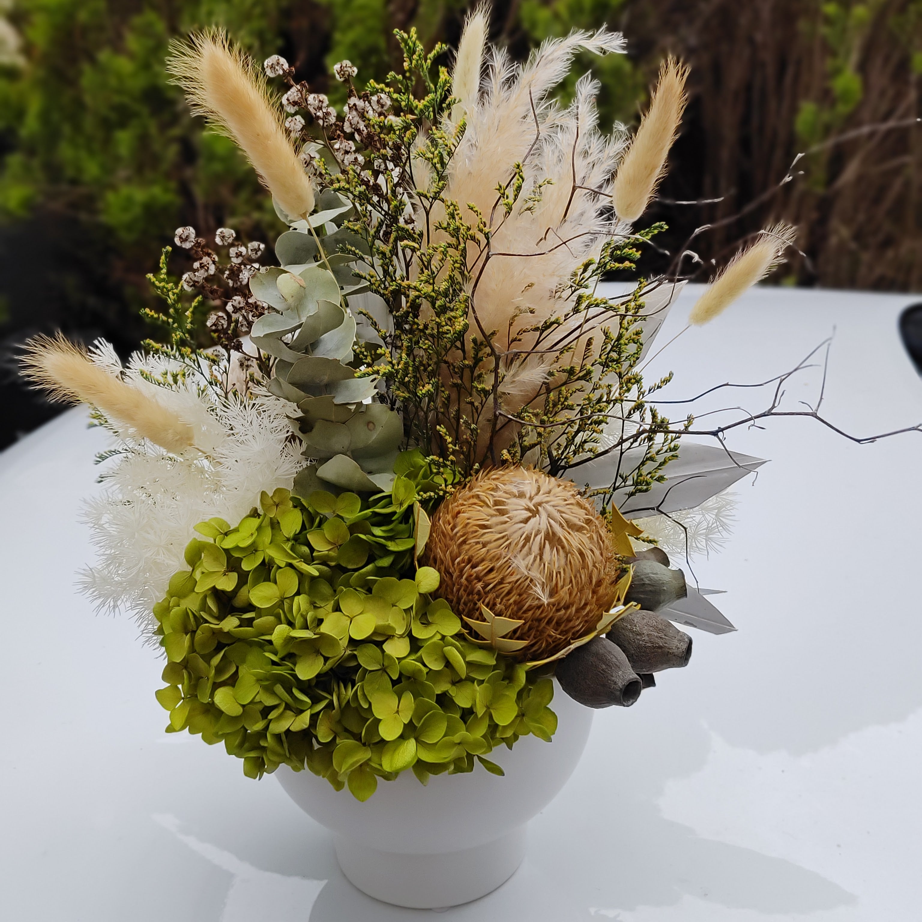 Cornelia - All round Everlasting Green White & Neutral Dried Arrangement