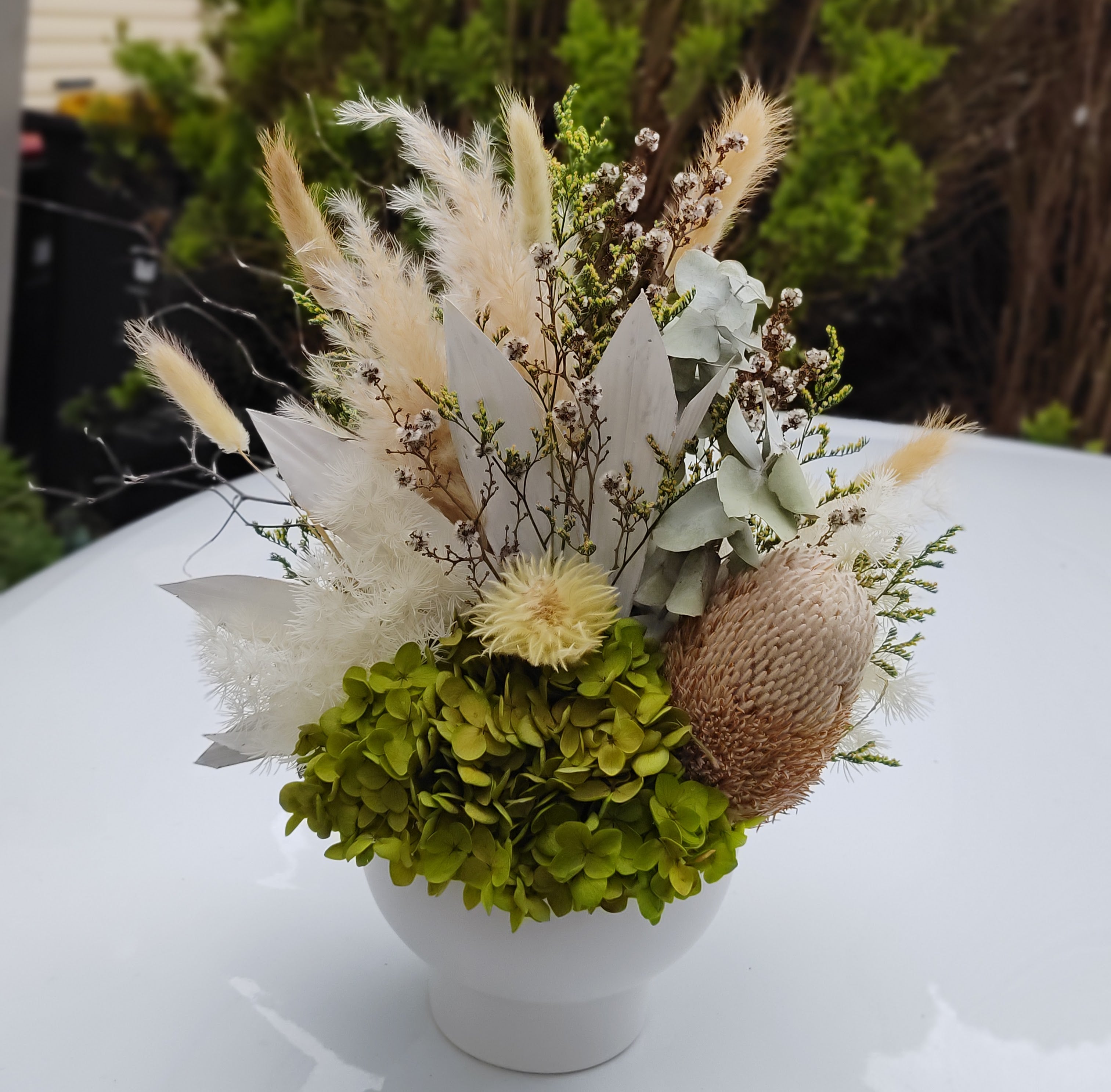 Cornelia - All round Everlasting Green White & Neutral Dried Arrangement