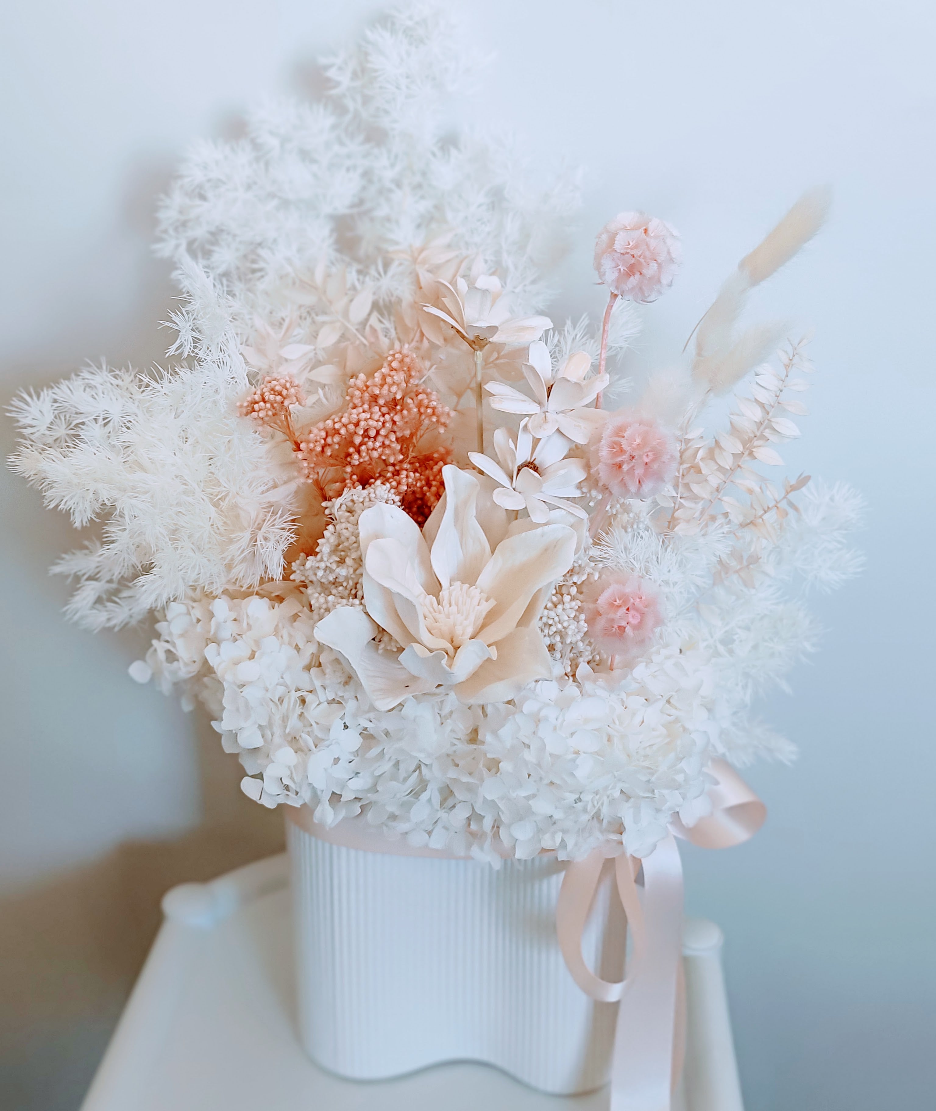 Jolene - Modern Elegant White & Blush Everlasting Dried Arrangement in White Vase