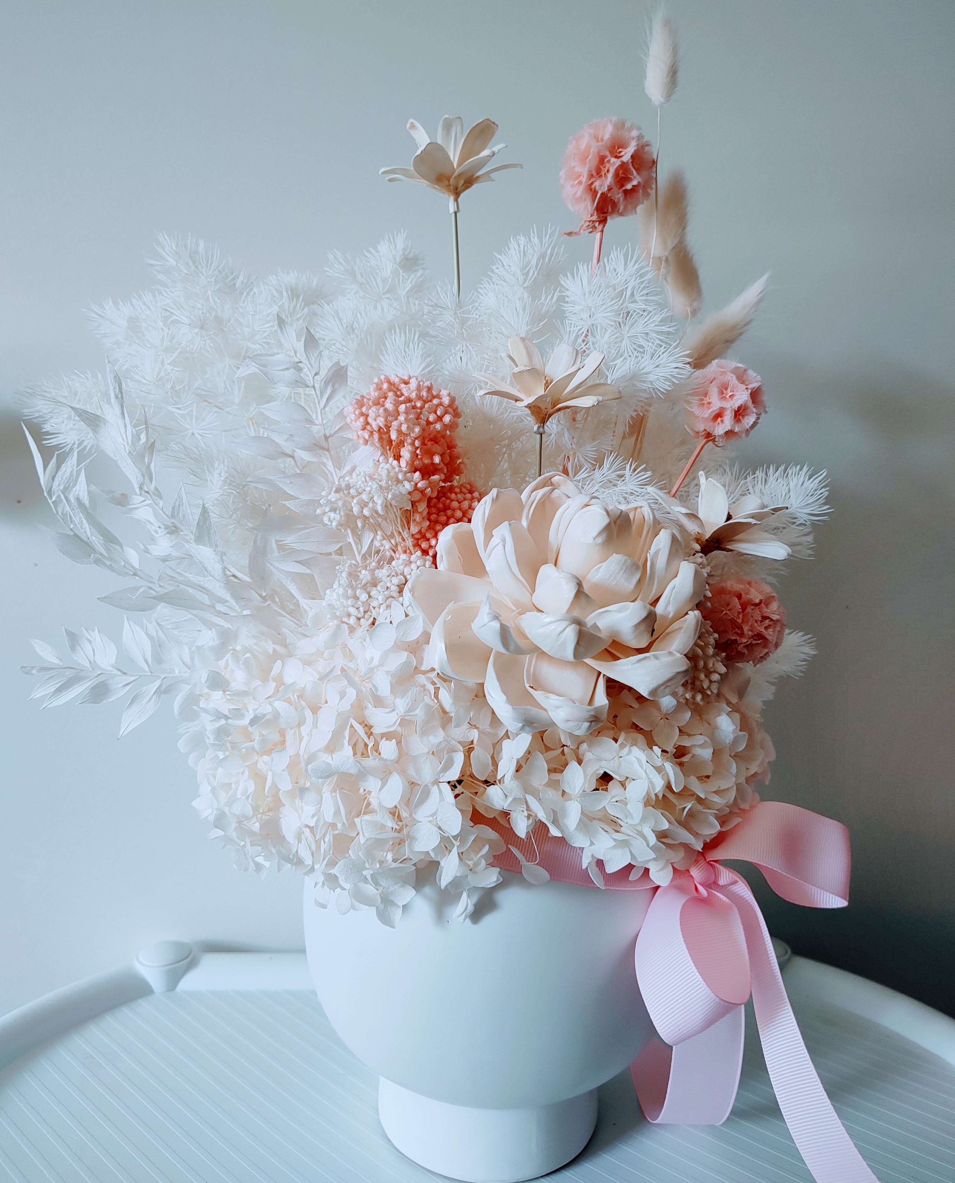 Maree - Modern Elegant White & Blush Everlasting Dried Arrangement in a Beautiful White Vase