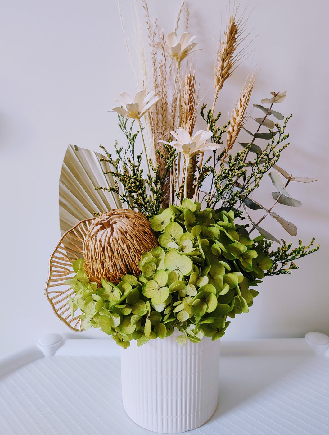 Hazel - Modern Green & Neutral Everlasting Dried Arrangement in a Beautiful White Vase