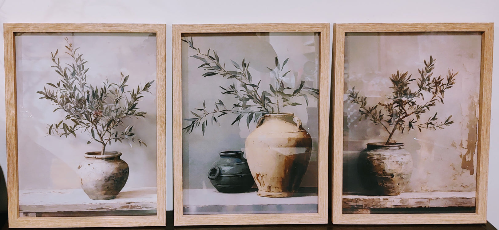 Stunning Set of 3 Wall Art Prints Olive Scandi Style in Oak Wood Glass Frames A3 Size