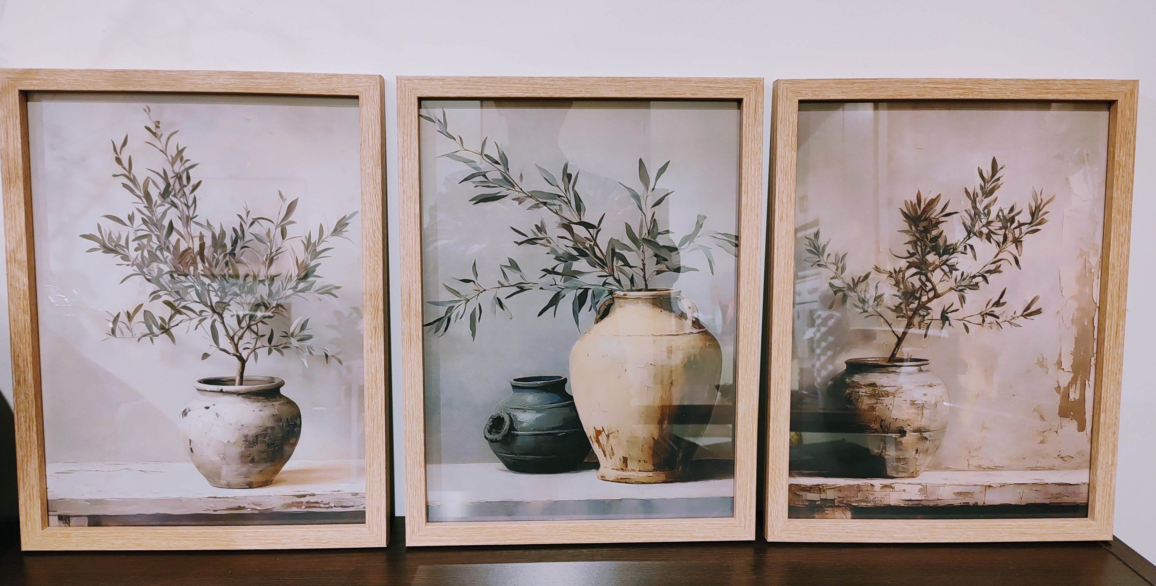 Stunning Set of 3 Wall Art Prints Olive Scandi Style in Oak Wood Glass Frames A3 Size