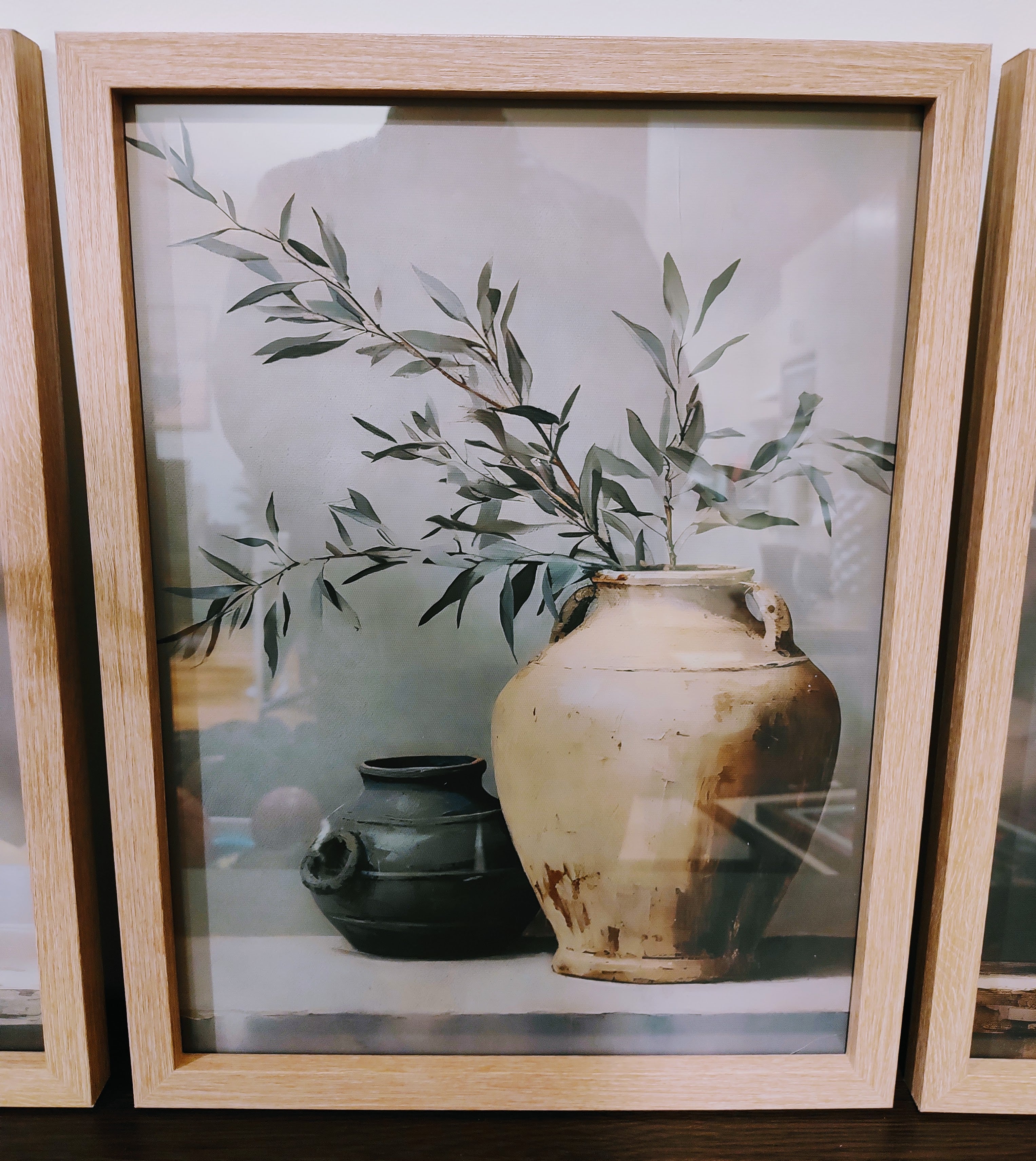 Stunning Set of 3 Wall Art Prints Olive Scandi Style in Oak Wood Glass Frames A3 Size