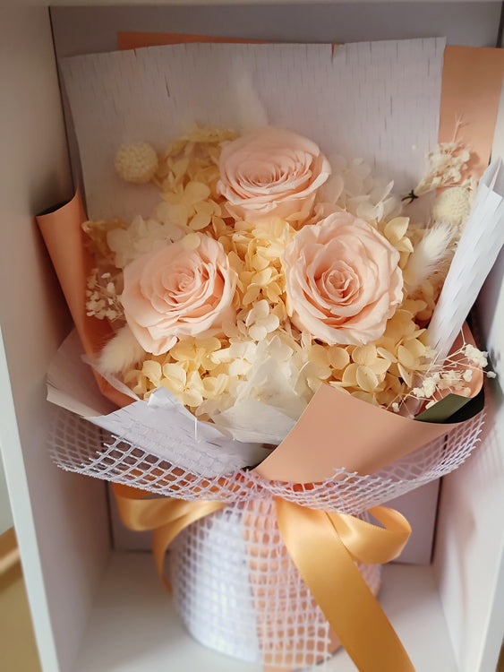 Elegant Peach - Everlasting Dried Arrangement with Blue Roses & Hydrangea in Box Bag