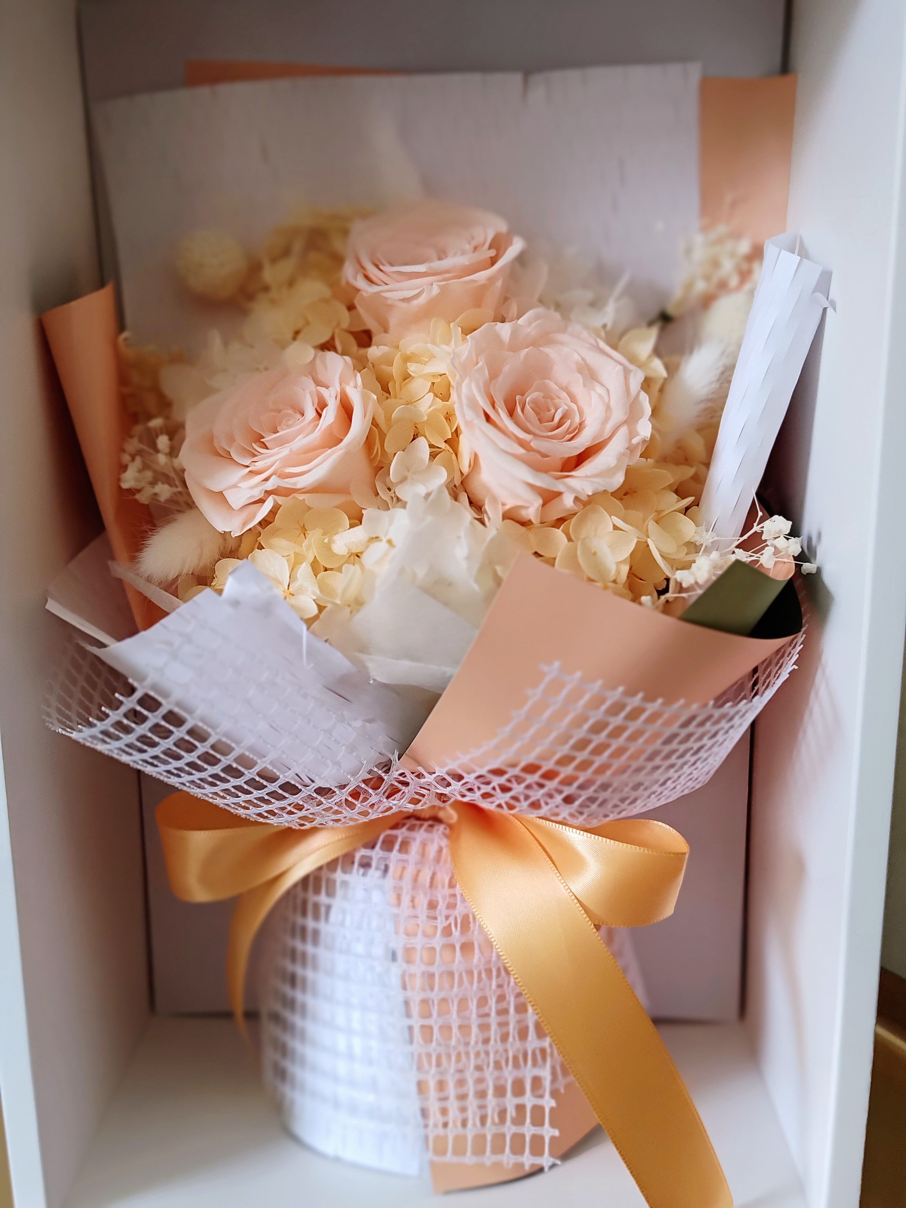 Elegant Peach - Everlasting Dried Arrangement with Blue Roses & Hydrangea in Box Bag