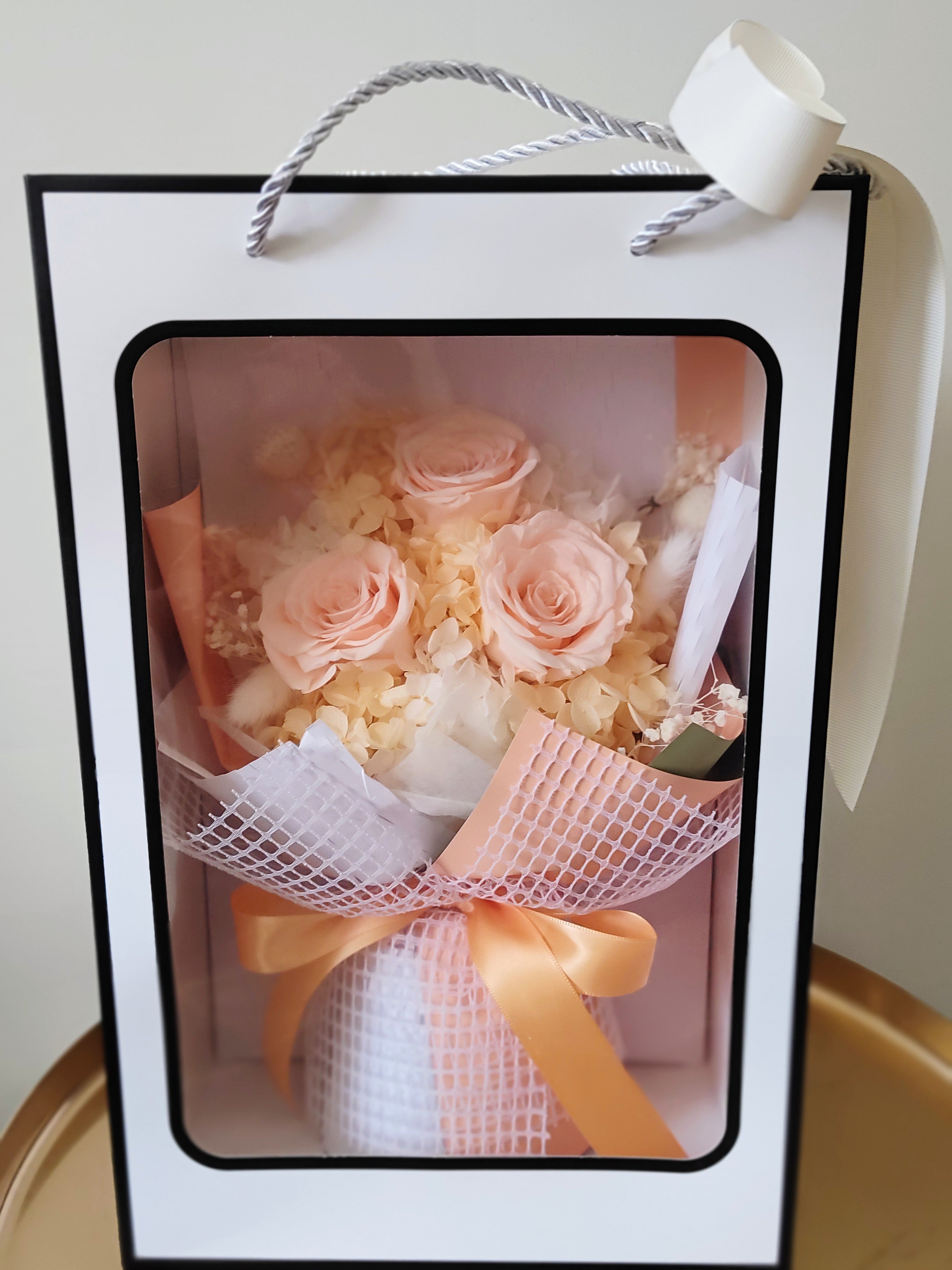 Elegant Peach - Everlasting Dried Arrangement with Blue Roses & Hydrangea in Box Bag