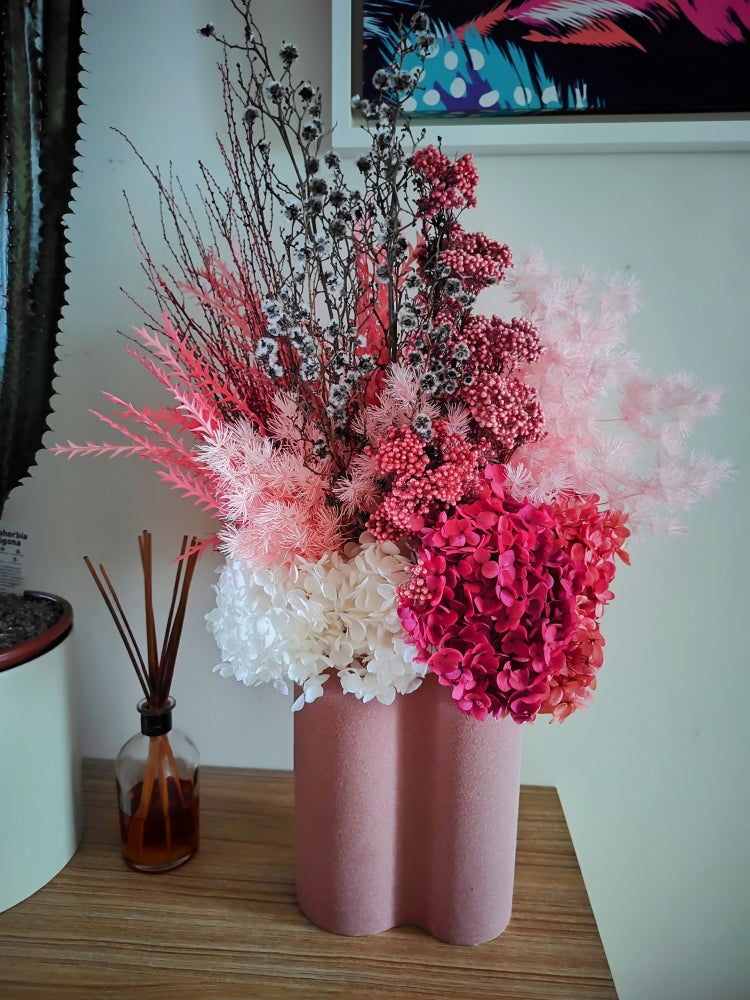 Juliette -Large Modern Rustic Pink & White Everlasting Dried All Round Arrangement in Ochre Vase