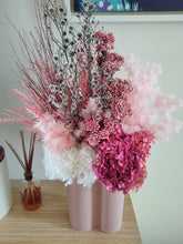 Load image into Gallery viewer, Juliette -Large Modern Rustic Pink &amp; White Everlasting Dried All Round Arrangement in Ochre Vase
