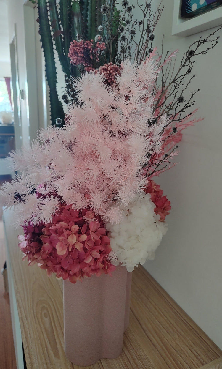 Juliette -Large Modern Rustic Pink & White Everlasting Dried All Round Arrangement in Ochre Vase