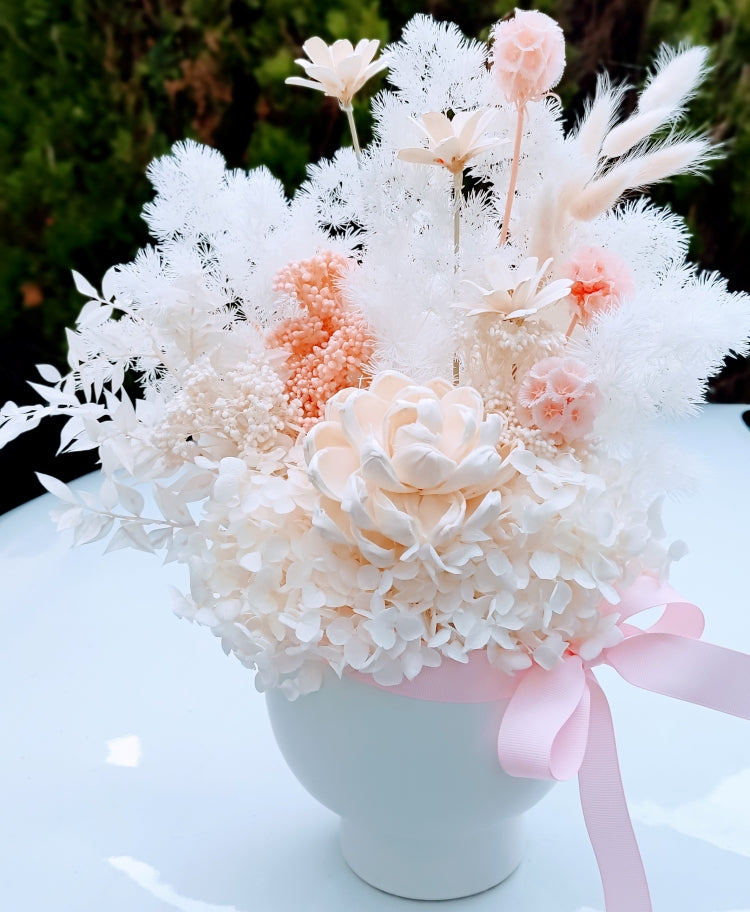 Maree - Modern Elegant White & Blush Everlasting Dried Arrangement in a Beautiful White Vase