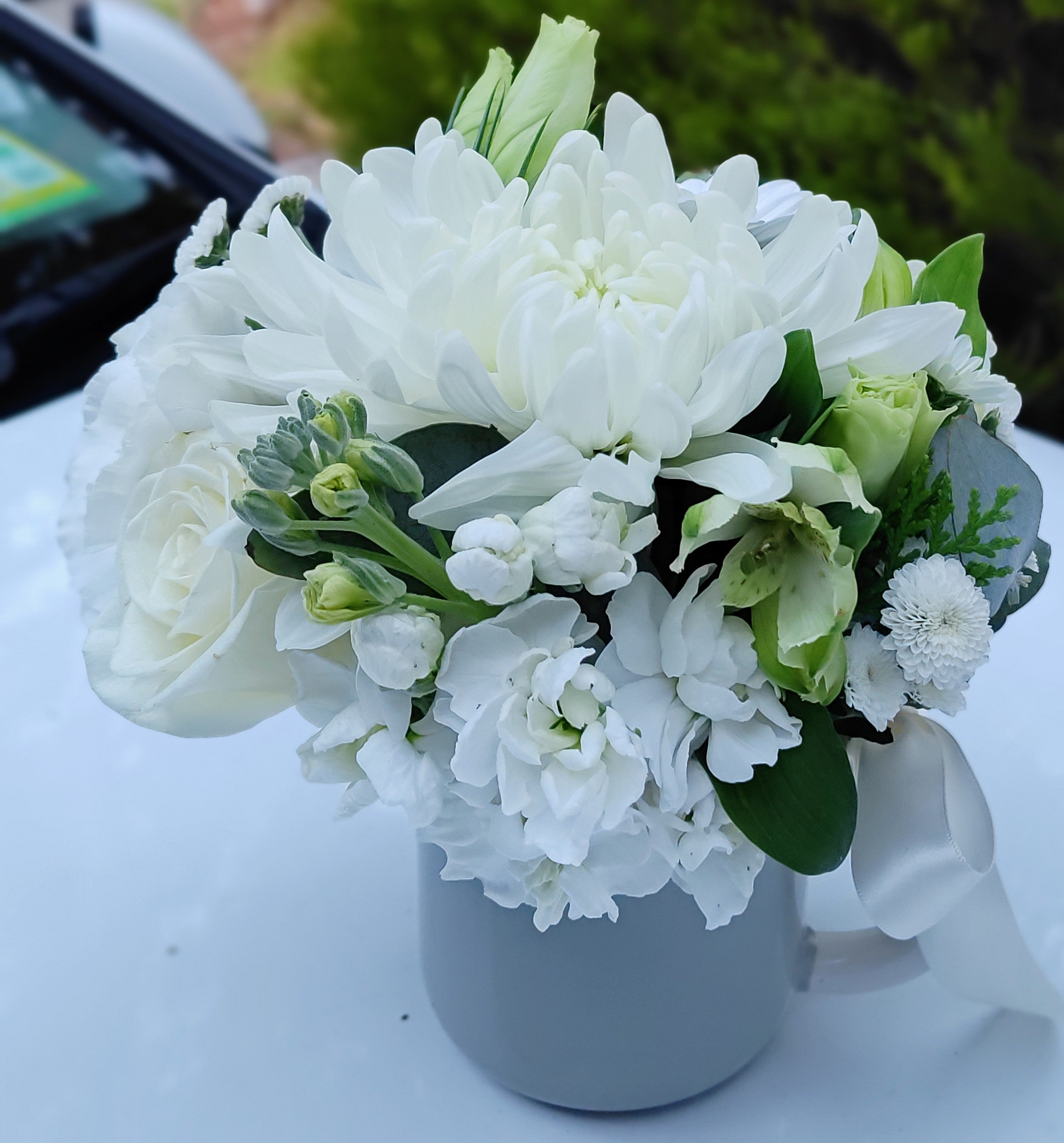 Harriet - White & Green All Round Arrangement in Maxwell Williams Sage Blue Mug