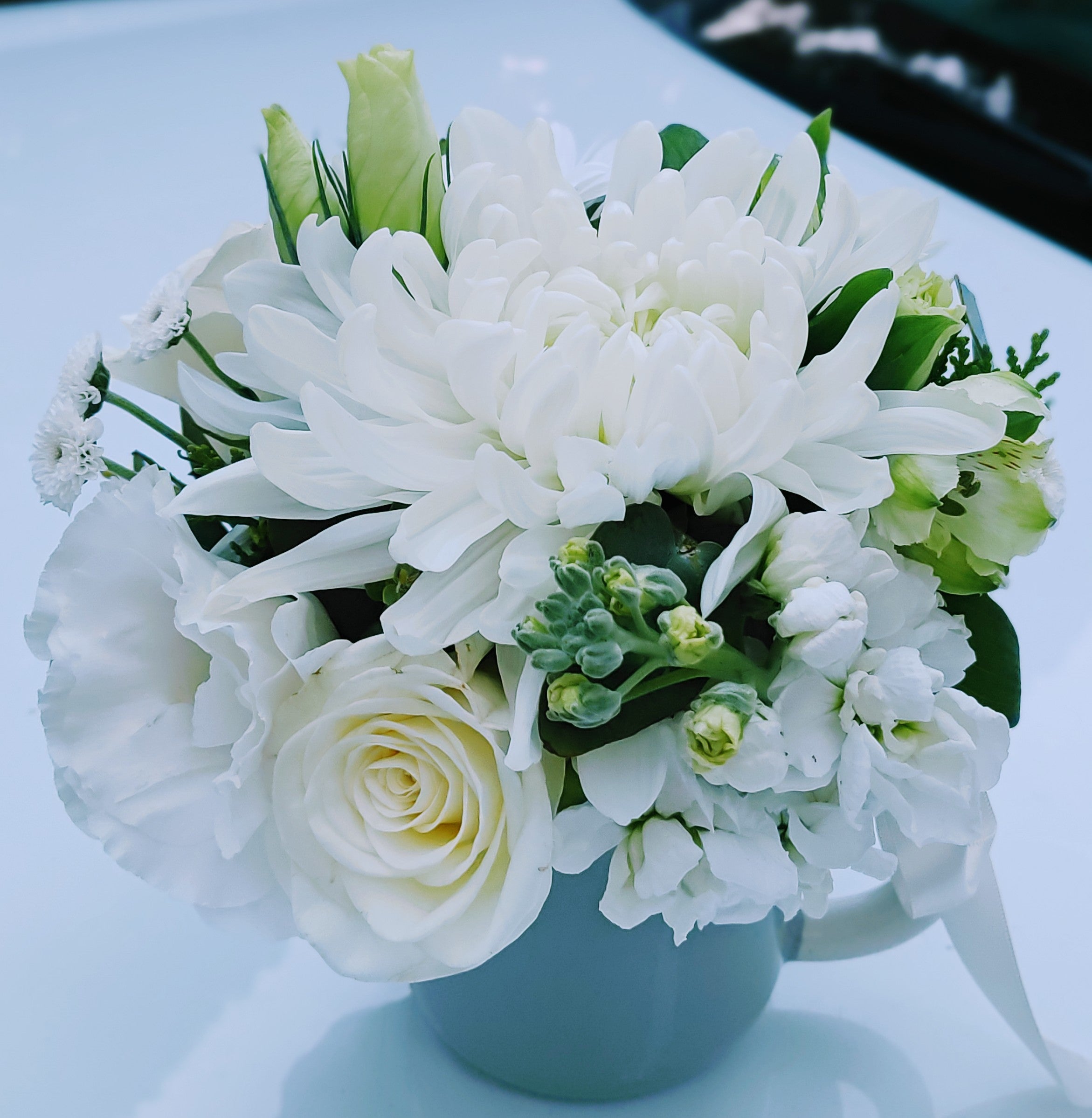 Harriet - White & Green All Round Arrangement in Maxwell Williams Sage Blue Mug