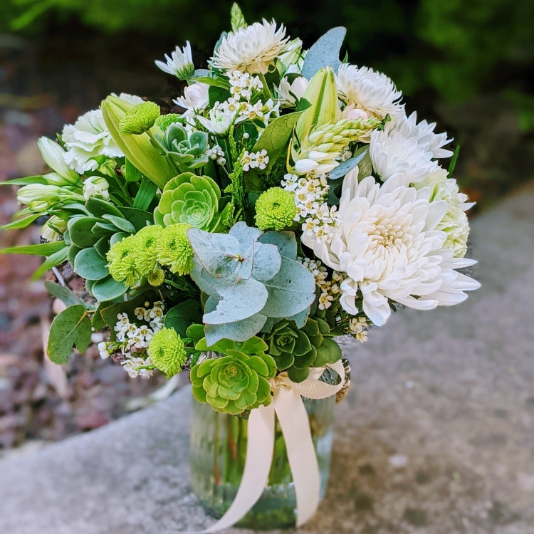 Christy - Elegant White & Green Flowers in Vase