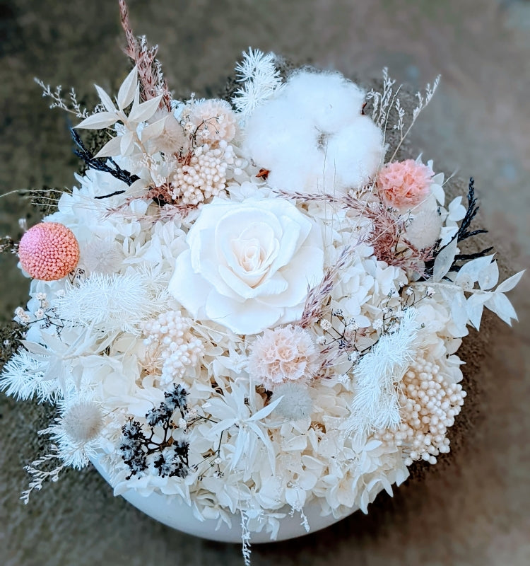 Claudia - Centerpiece of Everlasting White Natural & Blush Dried Arrangement