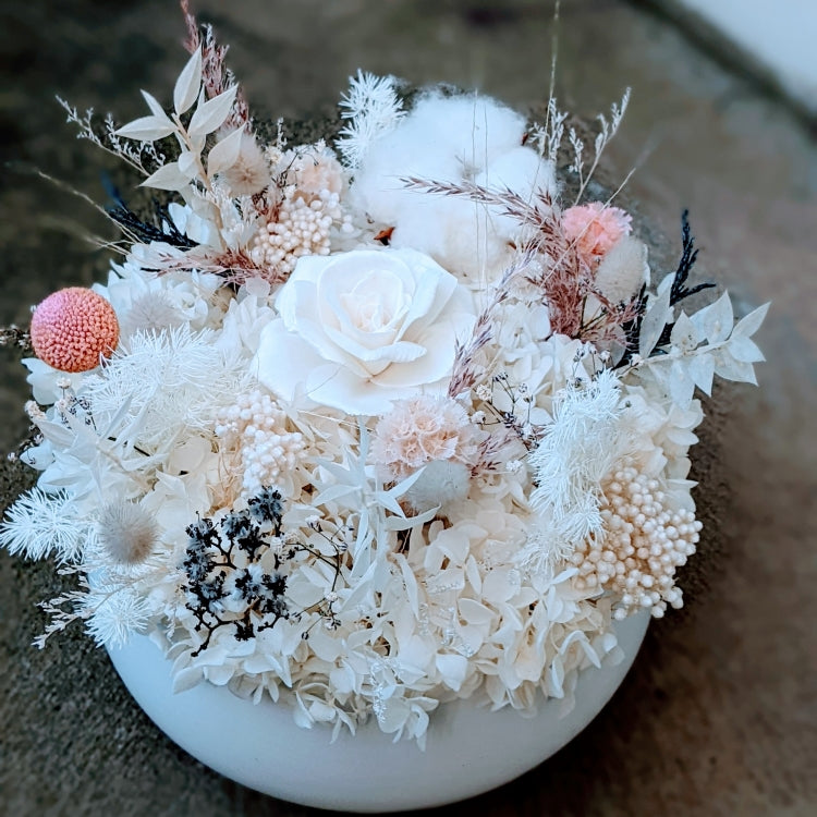 Claudia - Centerpiece of Everlasting White Natural & Blush Dried Arrangement