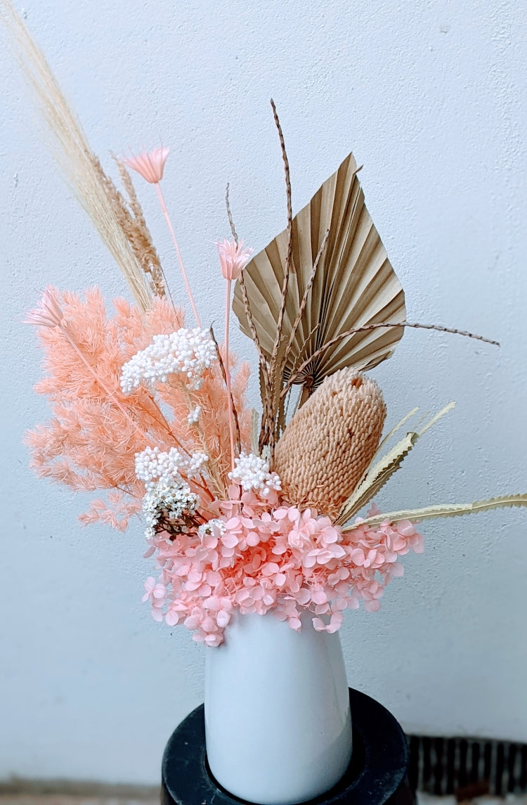 Hope - Everlasting Pretty Pink & Peach Dried Arrangement in White Vase