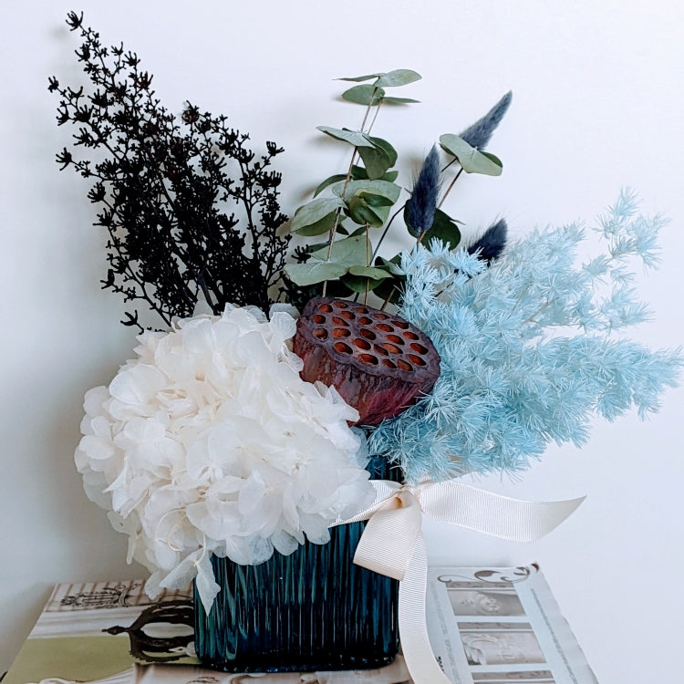 Iris - Modern Everlasting Dried Arrangement in Small Marmoset Found Blue Vase