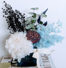 Load image into Gallery viewer, Iris - Modern Everlasting Dried Arrangement in Small Marmoset Found Blue Vase
