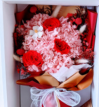 Load image into Gallery viewer, Valentina - Everlasting Dried Arrangement with Red Roses &amp; Hydrangea in Box Bag
