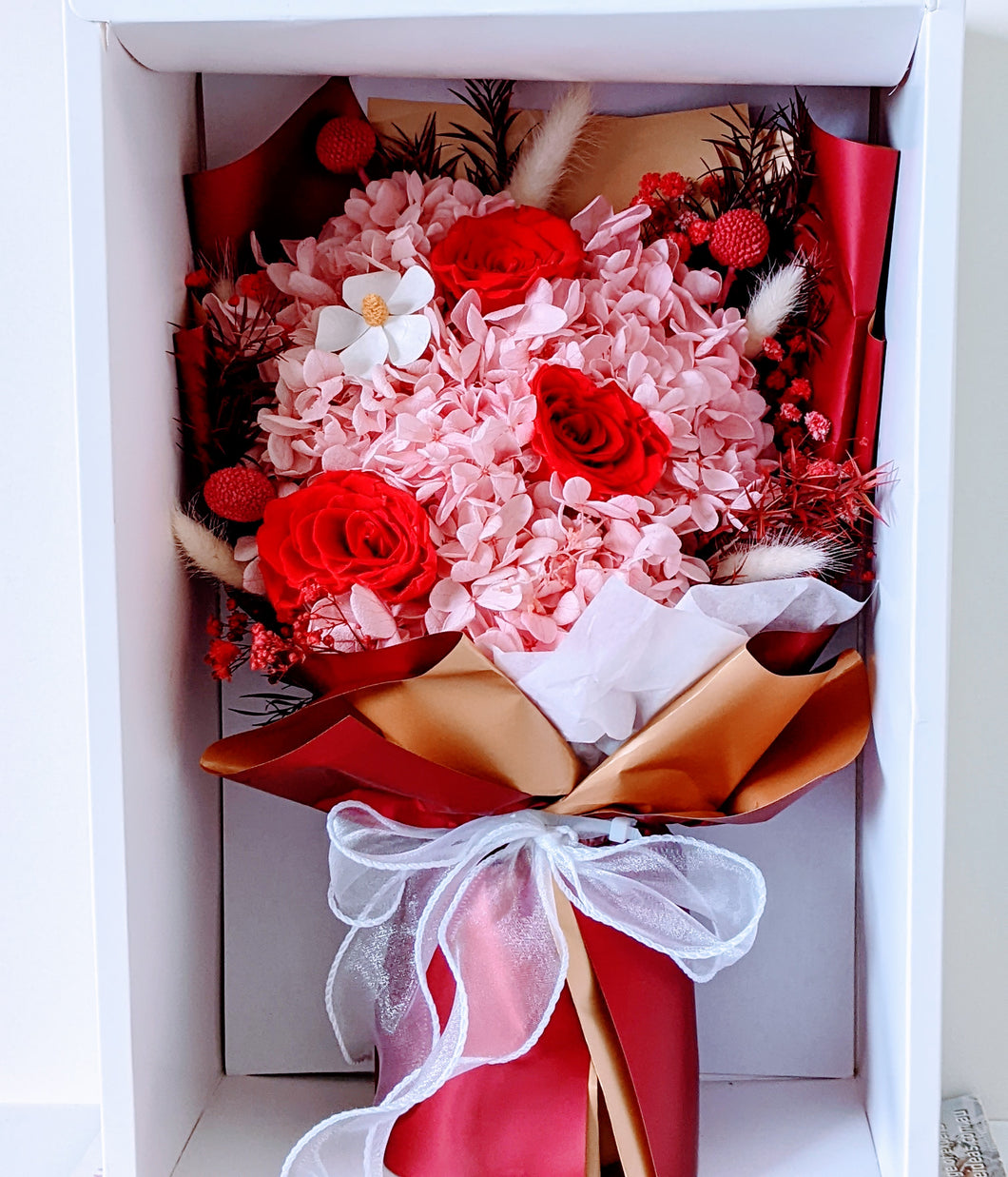 Valentina - Everlasting Dried Arrangement with Red Roses & Hydrangea in Box Bag