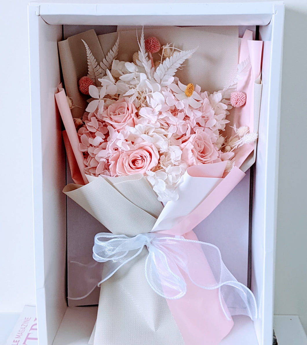 Beverley - Everlasting Dried Arrangement with Pink Roses & Hydrangea in Box Bag