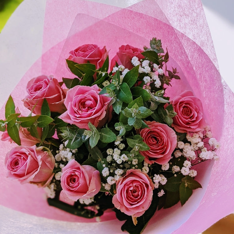 Pink Valentine - Classic Pink Roses with Baby Breath Posy