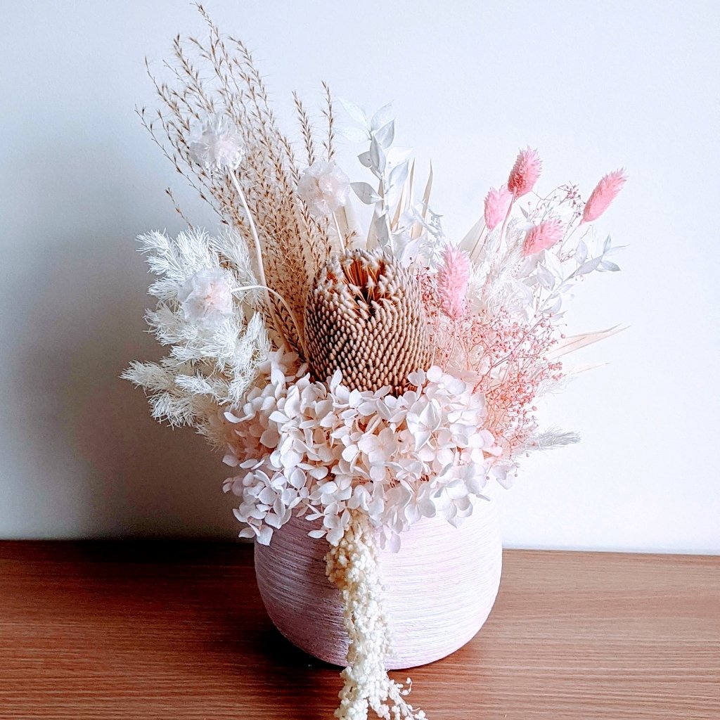 Kylie - Everlasting Pink & White Dried Arrangement - Ollie's Blooms & Plants