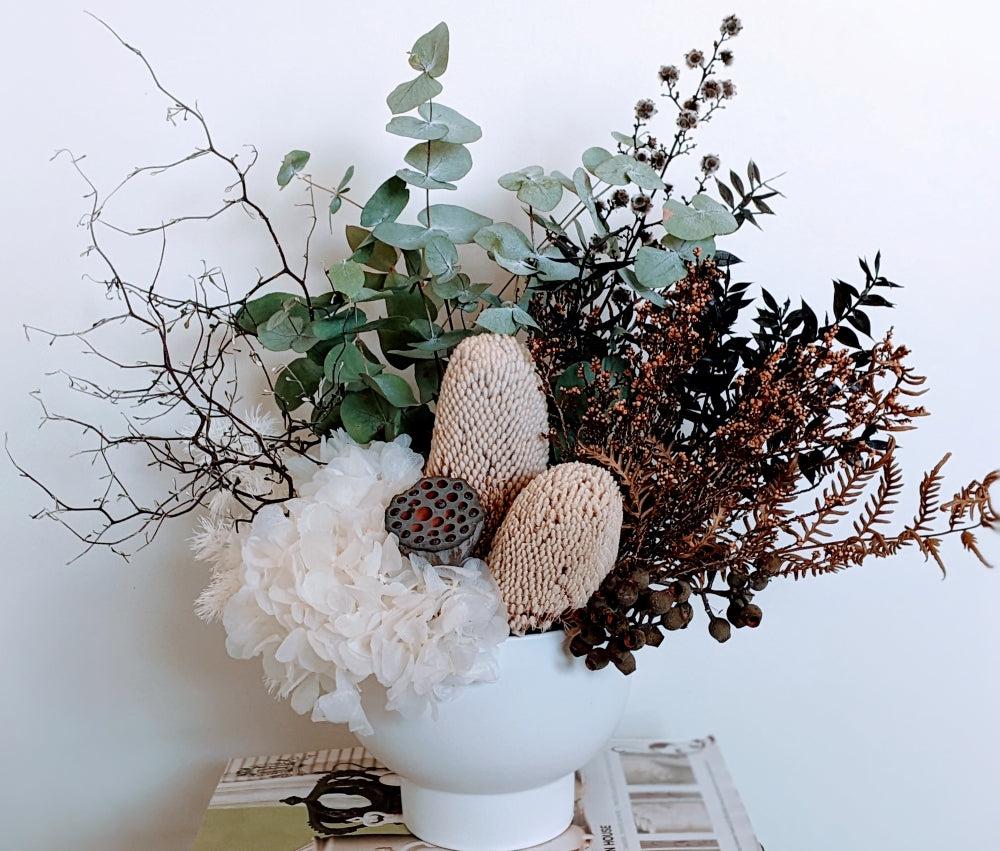 Sally - Modern Rustic Everlasting Dried Arrangement in White Vase